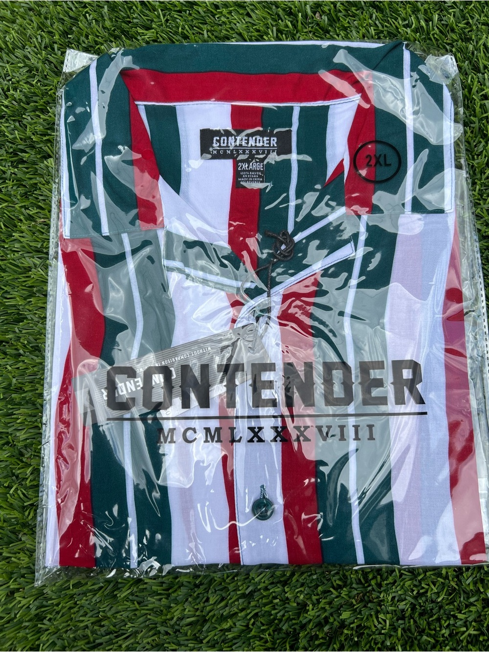 Contender Men’s Casual Button-Down Shirt — Green, Red & White Stripe